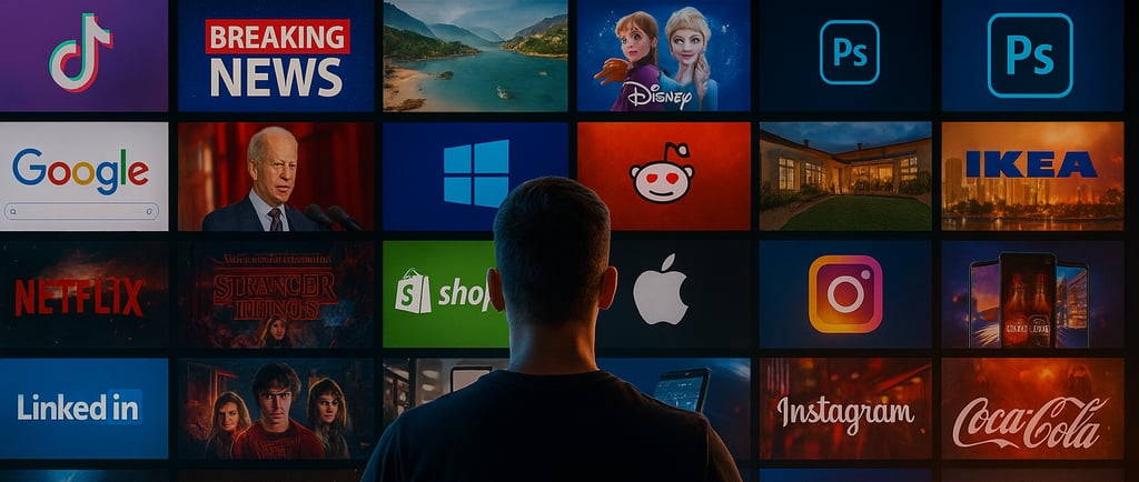 Man surrounded by digital screens showing global brands and media revolutionizing search queries