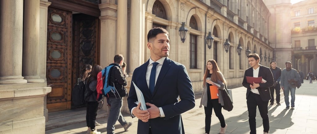 a man in a suit and tie is standing in front of a building
