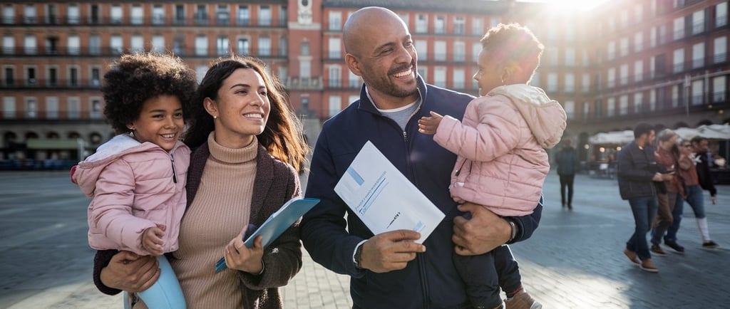 a man and woman holding a child in a plaza
