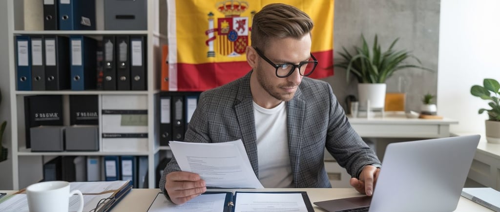 Fotografía de un emprendedor revisando documentos mientras trabaja en su laptop en una oficina 