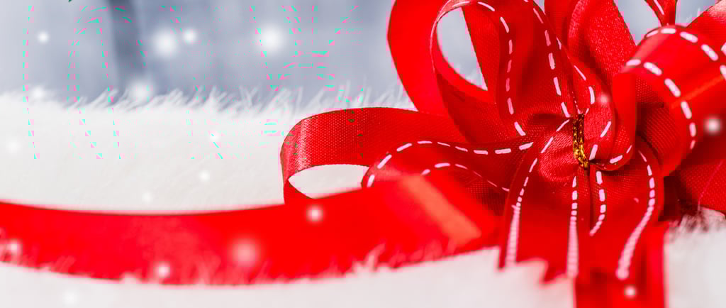 a red ribbon tied to a white fur rug