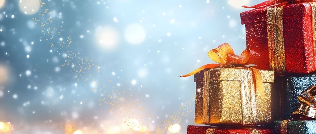 a pile of presents with a christmas tree