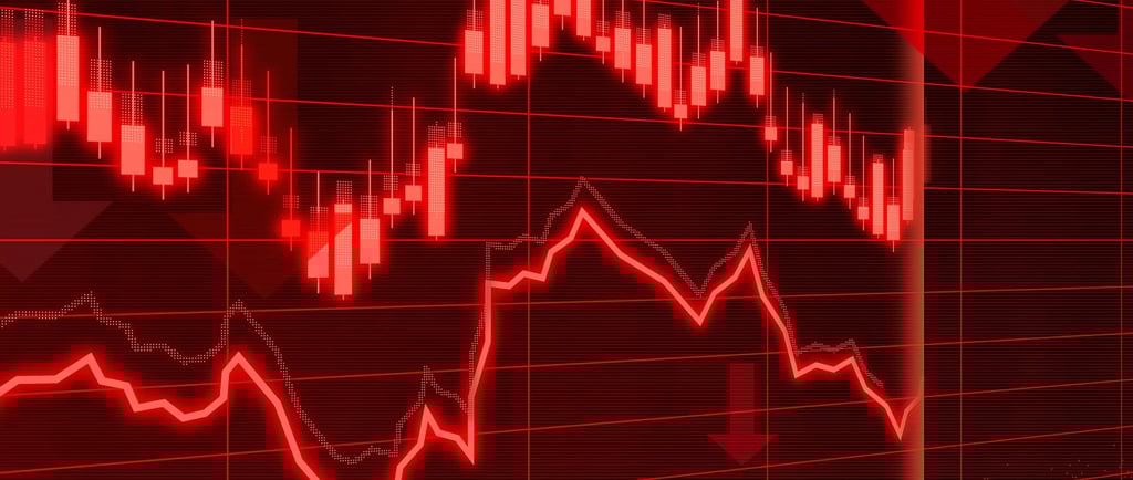 red financial market arrows pointing down symbolizing recession