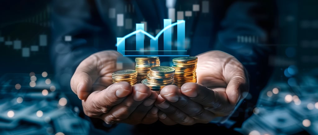 person holding gold in his hand with investing chart above symbolizing gold in markets and industry