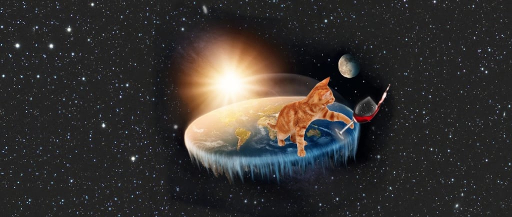 Orange tabby cat testing gravity by pushing a wine glass off a flat Earth in space