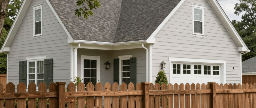A light gray suburban house with a wood picket fence and a green lawn under a bright blue sky.