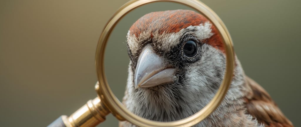 Sparrow Close up, looking through a magnifying glass, symbolizing SEE Website Audits
