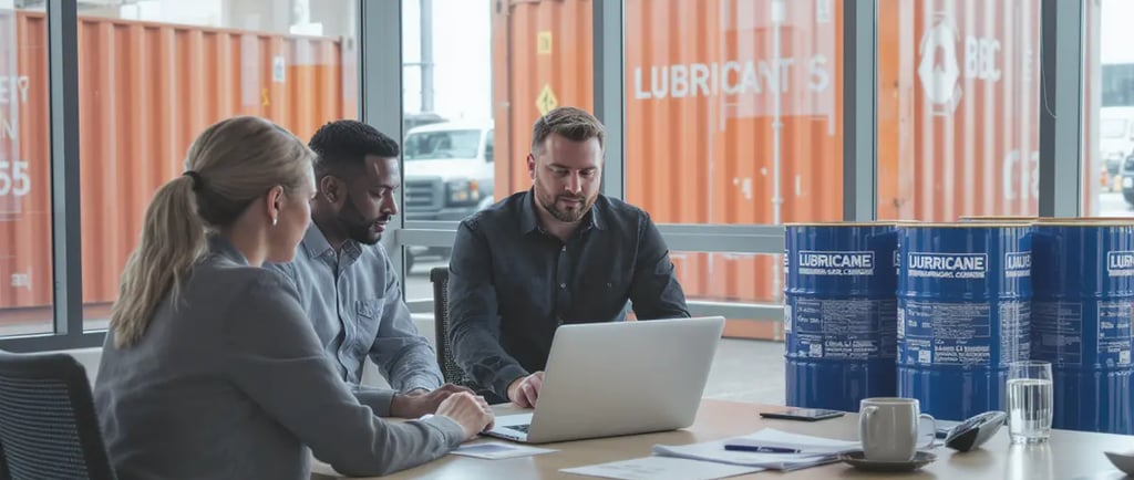 Lubricant manufacturer in UAE reviewing digital marketing strategy with export containers in backgro