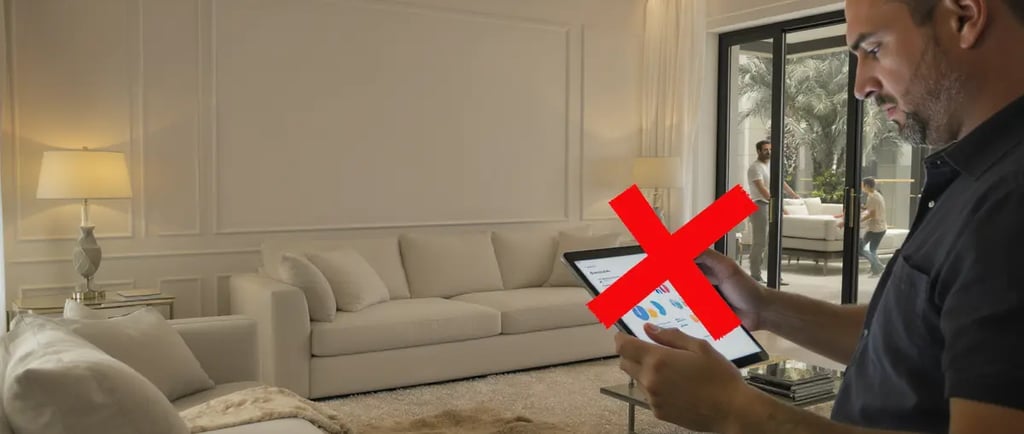 convertX - Frustrated furniture store owner in Dubai analyzing poor marketing analytics on a tablet,