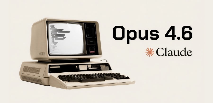 Retro computer display showing code next to Opus 4.6 and Claude AI branding.
