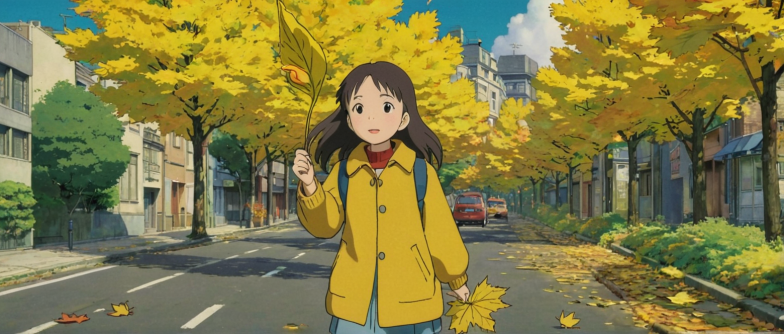 Una niña con una hoja en la mano, en otoño