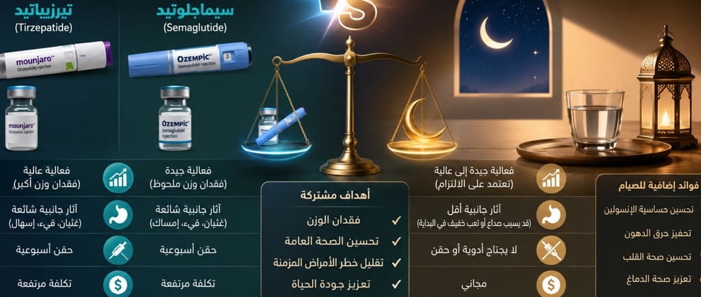 ⚖️أدوية إنقاص الوزن تيرزيباتيد وسيماجلوتيد مقابل الصيام🌙