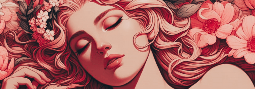 a woman with a red hair and a flowered background