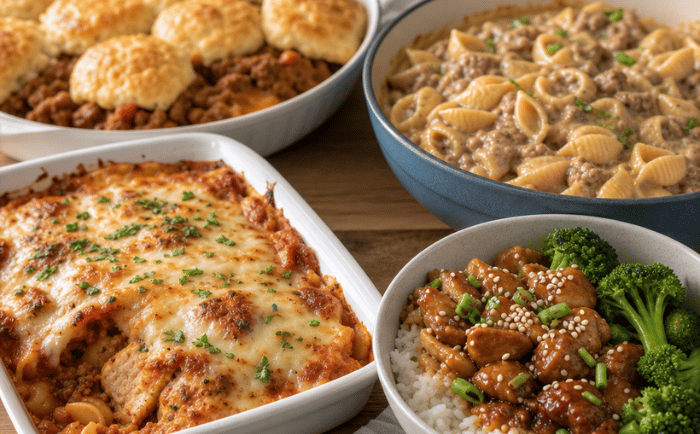 A variety of family dinner recipes including cheesy pasta bake, beef pot pie, and chicken stir fry with rice.