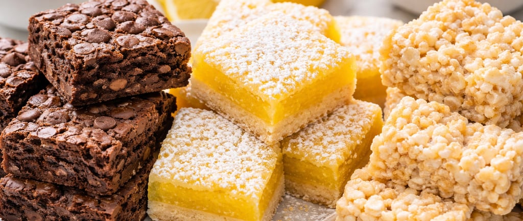 Assorted dessert platter with chocolate chip brownies, powdered lemon bars, and rice cereal treats.