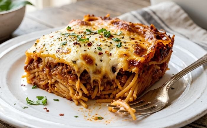 Baked spaghetti casserole with melted mozzarella cheese and savory meat sauce served on a white plate.