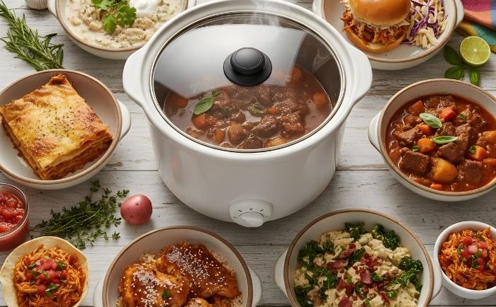 White slow cooker surrounded by various meals like beef stew, lasagna, and pulled pork sandwiches.