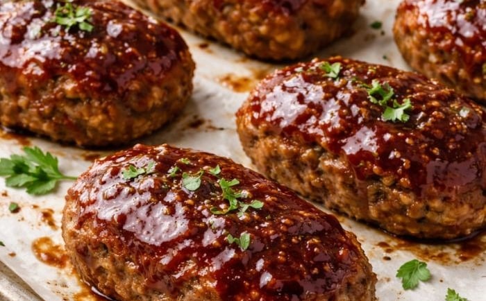 Glazed mini meatloaves with a savory honey bbq sauce and fresh parsley garnish on a baking sheet.