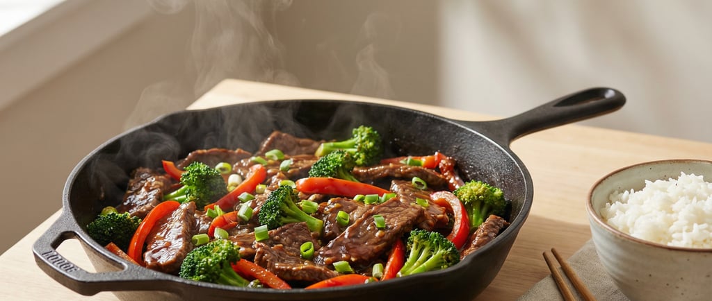 Steaming beef and broccoli stir fry with red peppers in a cast iron skillet served with white rice.
