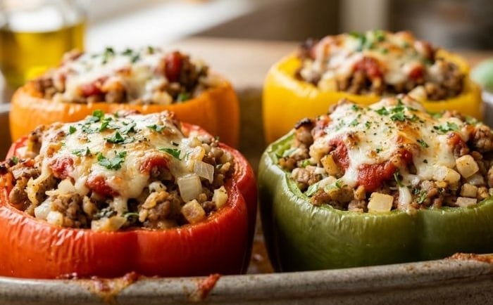 Baked stuffed bell peppers with ground meat, rice, tomato sauce, and melted mozzarella cheese.