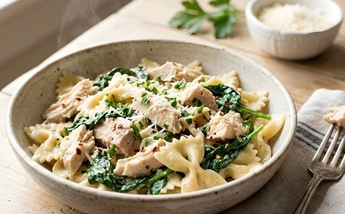 Creamy chicken and spinach farfalle pasta bowl topped with parmesan cheese and herbs.
