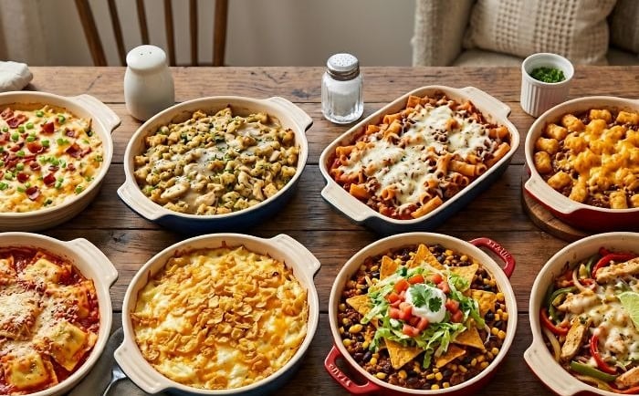 Variety of homemade casserole recipes in ceramic dishes including pasta bake, tater tot casserole, and cheesy potatoes.