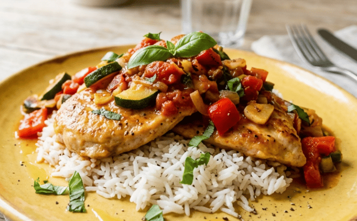 Grilled chicken breast topped with vegetable ratatouille served over a bed of white rice on a yellow plate.