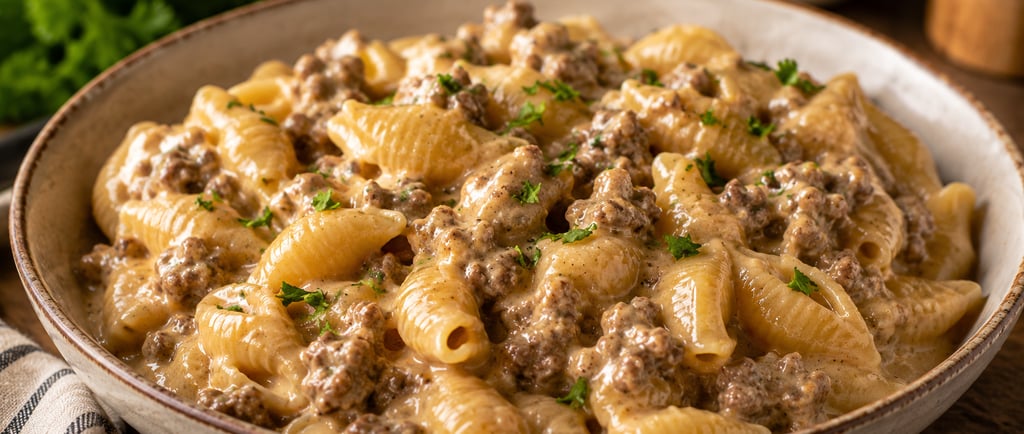 Creamy ground beef and shells pasta bowl with homemade cheesy hamburger helper sauce.