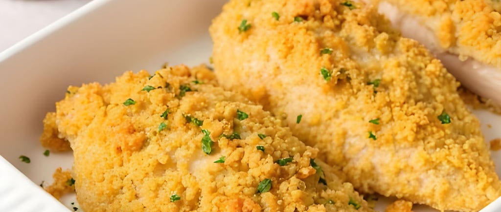 Crispy baked chicken breasts with a golden cracker crumb crust and fresh parsley in a white ceramic dish.