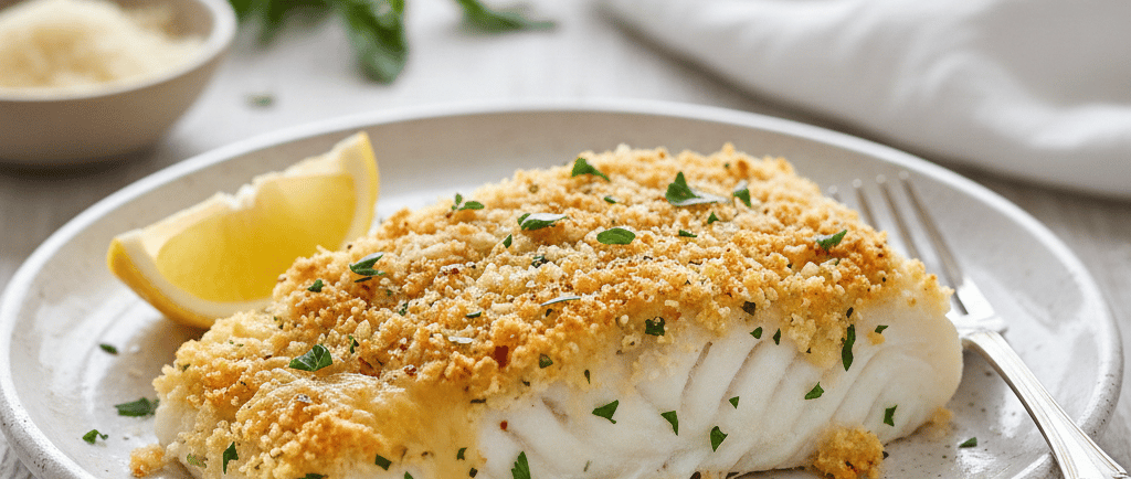 Parmesan-crusted cod fillet with a crispy breadcrumb topping and fresh parsley on a white plate.