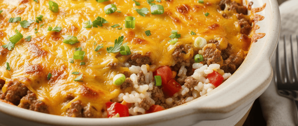 Cheesy ground beef and rice crock pot casserole