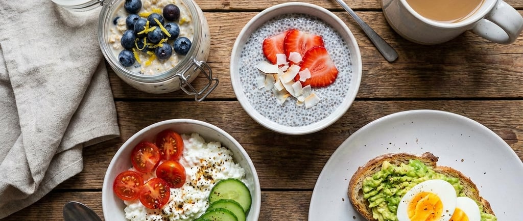a table with bowls of food and a cup of coffee