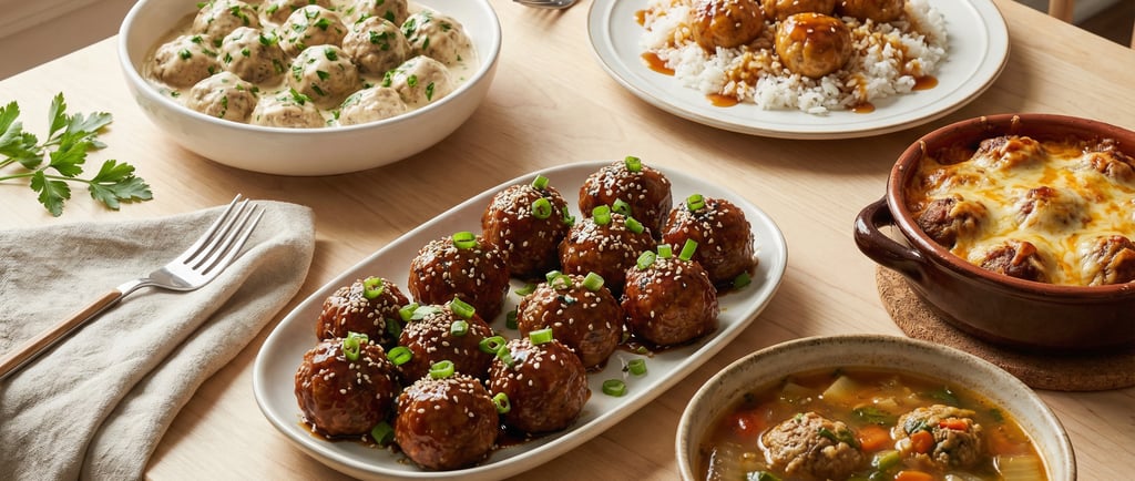 Variety of meatball recipes including Swedish meatballs, teriyaki glaze, and meatball vegetable soup on a wooden table.