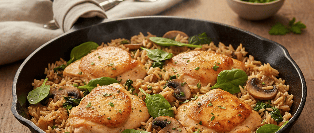 Skillet chicken and rice with mushrooms and fresh spinach in a cast iron pan.