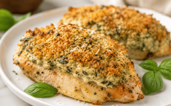 Baked parmesean and basil chicken breast with a crispy golden breadcrumb topping.
