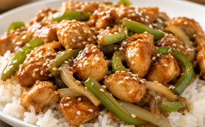 Easy sesame chicken stir-fry with green peppers and sesame seeds served over a bed of white rice.