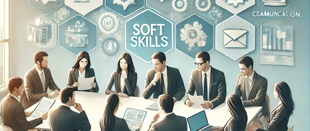 a group of business people sitting around a table and discussing on the topic of soft skills
