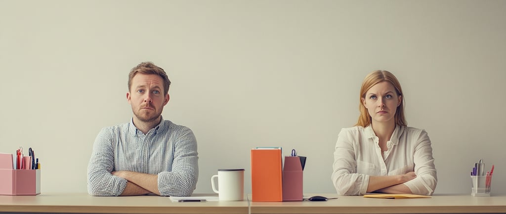 Dos personas trabajadoras de una oficina aburridas o enfadadas