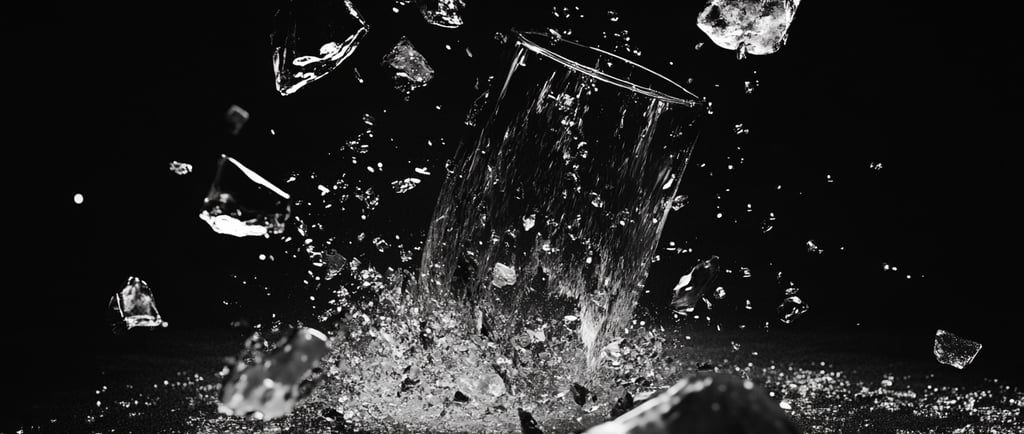 Vaso de agua rompiéndose en pedazos.