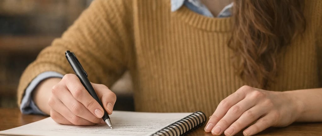 A person wearing a mustard yellow sweater writing notes in a spiral notebook with a black pen.