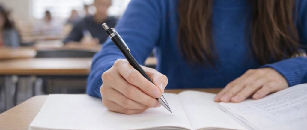 A student writing in a notebook with a pen during a university lecture or school exam.
