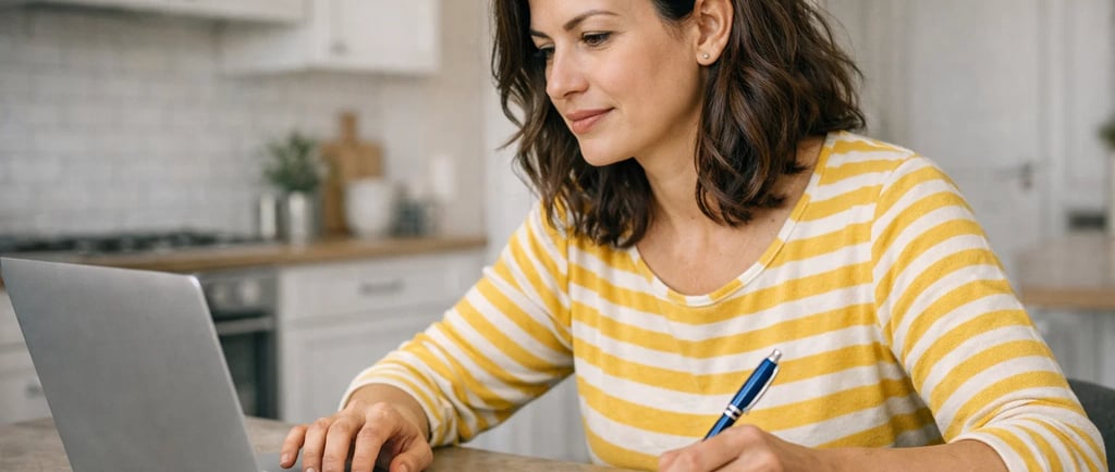 A woman working remotely from home on a laptop while taking notes in a notebook.