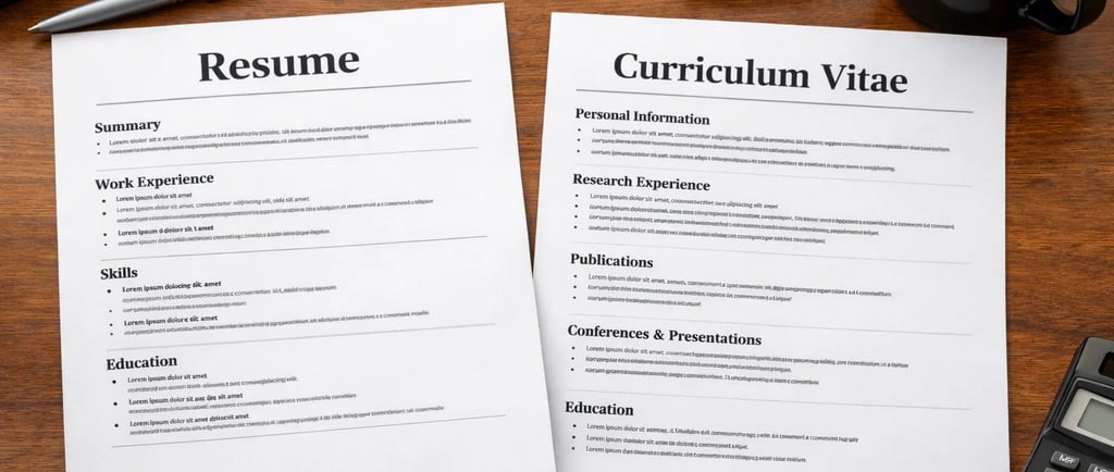 A printed resume and curriculum vitae layout on a wooden desk with a black coffee mug and calculator.