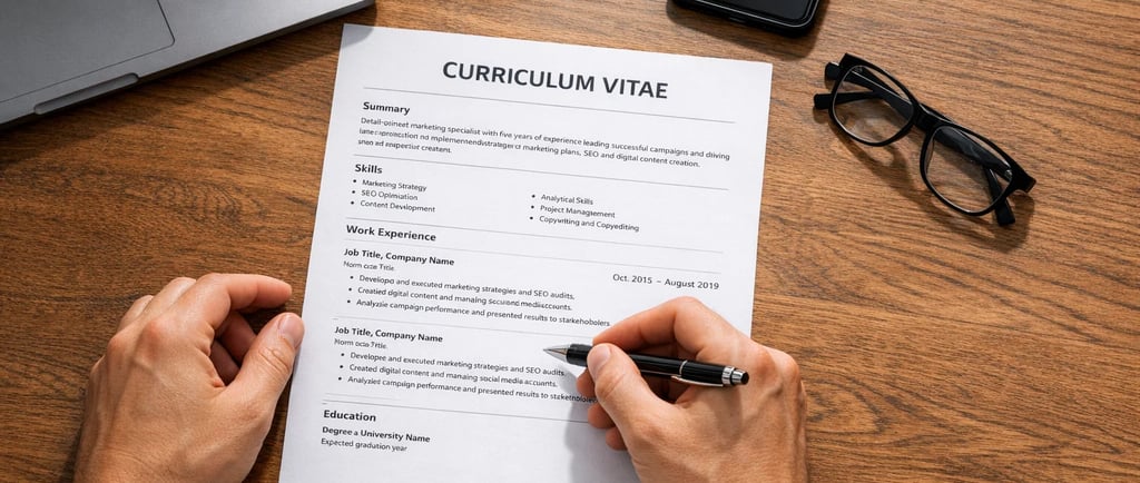 A person reviewing a professional marketing curriculum vitae on a wooden desk with a laptop and smartphone.