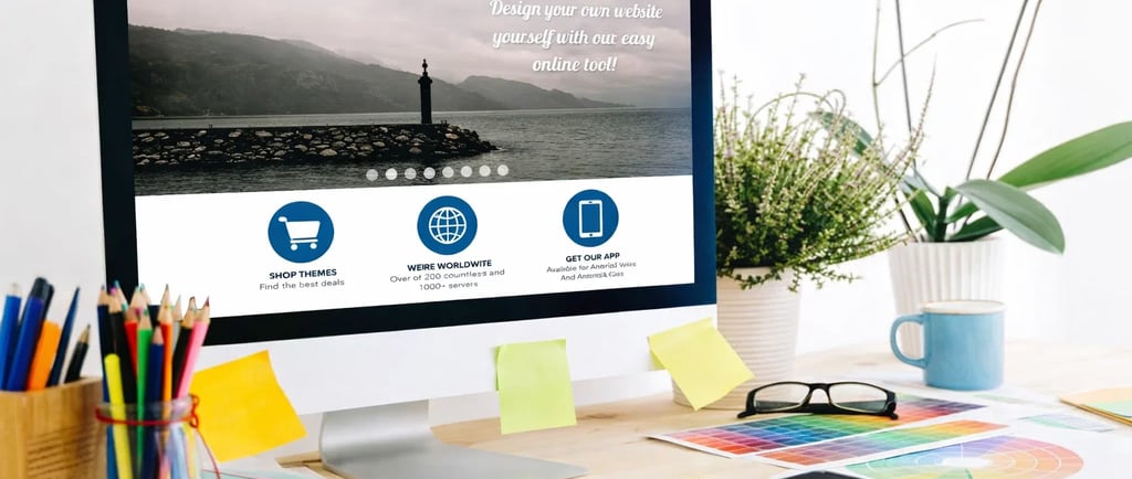 Desktop computer displaying a website builder tool on a creative office desk with design supplies.