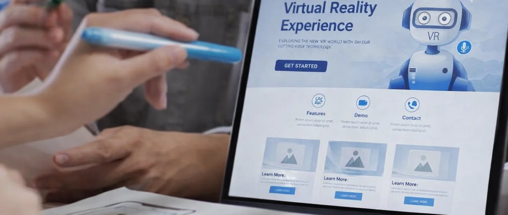 A web designer reviewing a VR services landing page on a laptop screen.
