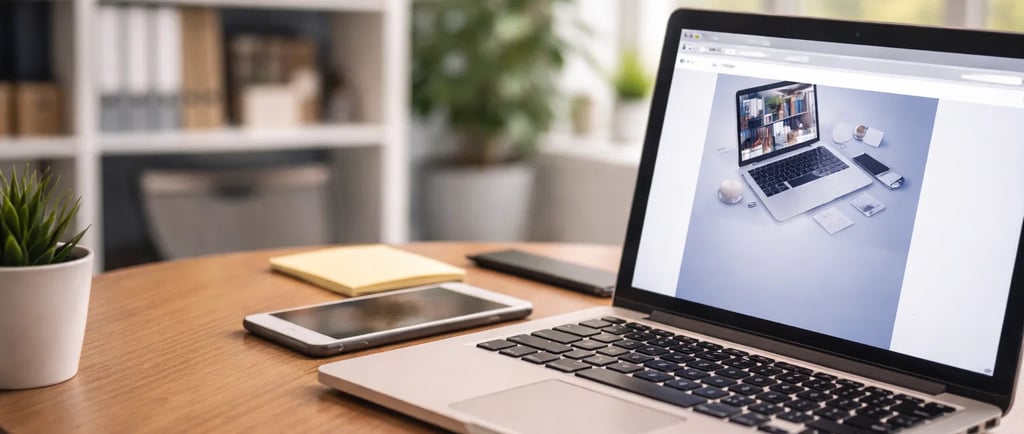 A laptop on a wooden desk with a smartphone and plant, perfect for a modern home office setup.