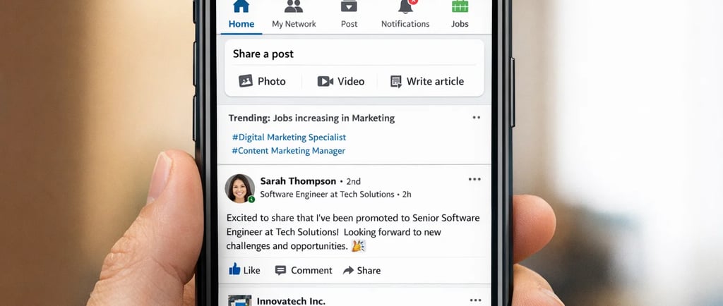 Hand holding a smartphone displaying the LinkedIn mobile app feed with job updates and career posts.