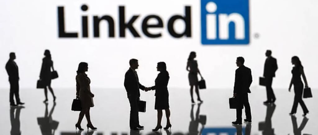 Silhouetted business professionals networking and shaking hands in front of a LinkedIn logo.