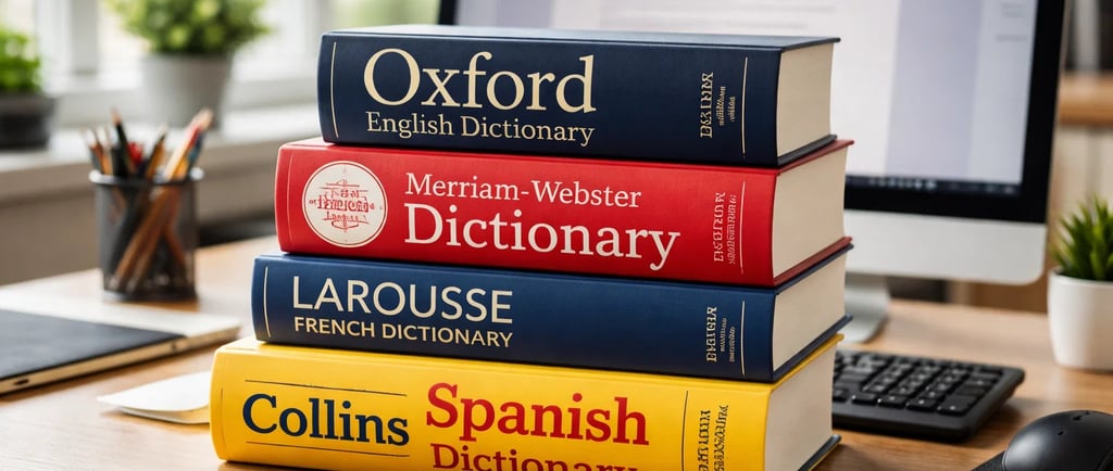 A stack of Oxford English, Merriam-Webster, Larousse French, and Collins Spanish dictionaries on a wooden office desk.